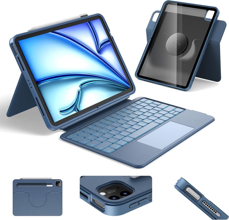 HOU iPad Air 11 M4/M3/M2 és Pro 11 forgó billentyűzetes tok 360° állvánnyal, trackpad-del és RGB világítással - Für iPad Air 11" (M3/2) & Air 5./4.& iPad Pro 11", blue