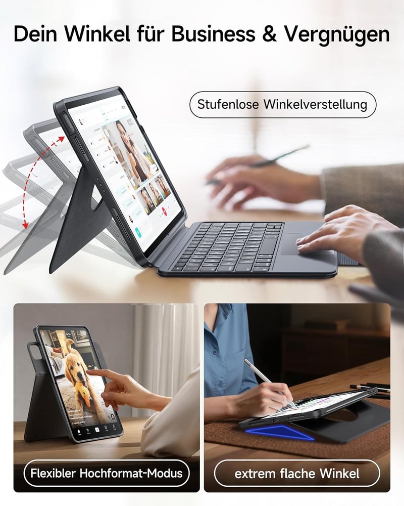 HOU 360 forgó levehető billentyűzet tok 11 iPad Air M4 M3 M2 5 4 és Pro 11 4 3 2 1 QWERTZ érintős trackpad 7 szín ceruzatartó állítható állv