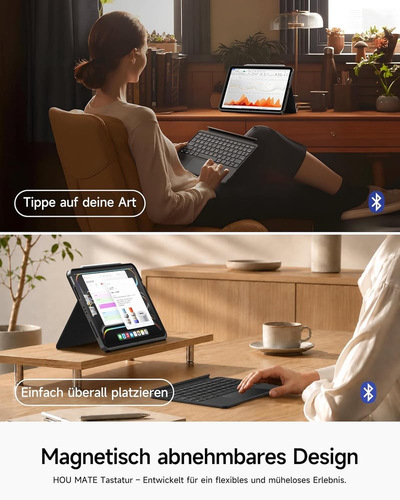 HOU 360 forgó levehető billentyűzet tok 11 iPad Air M4 M3 M2 5 4 és Pro 11 4 3 2 1 QWERTZ érintős trackpad 7 szín ceruzatartó állítható állv