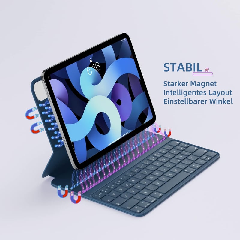 HOU iPad Air 5 2022 Billentyűzet Tok, Pro 11 Hüvelyk Mágneses Töltő, Ultra Vékony QWERTZ Kék Folio Védőtok