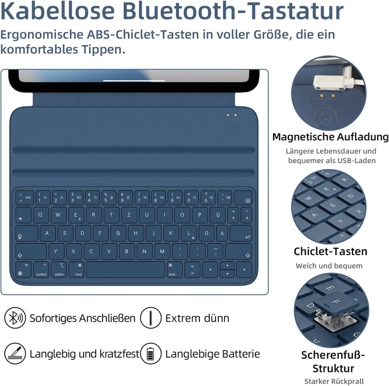 HOU iPad Air 5 2022 Billentyűzet Tok, Pro 11 Hüvelyk Mágneses Töltő, Ultra Vékony QWERTZ Kék Folio Védőtok