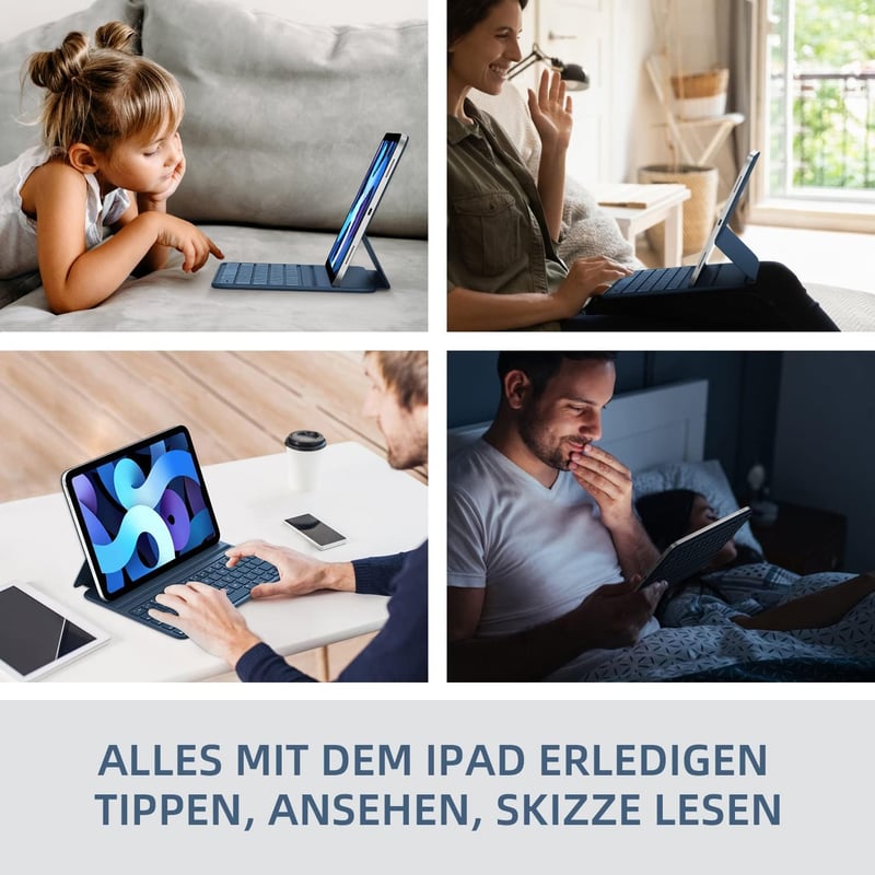 HOU iPad Air 5 2022 Billentyűzet Tok, Pro 11 Hüvelyk Mágneses Töltő, Ultra Vékony QWERTZ Kék Folio Védőtok