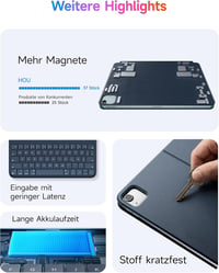HOU kék QWERTZ billentyűzetes tok iPad Pro 11 (2018-2022), Air 11 M4/M3/M2 (2026/2025/2024), Air 5/4, állítható szög 3