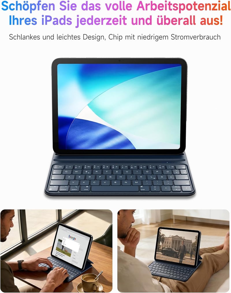 HOU kék QWERTZ billentyűzetes tok iPad Pro 11 (2018-2022), Air 11 M4/M3/M2 (2026/2025/2024), Air 5/4, állítható szög