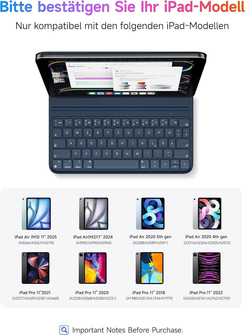 HOU kék QWERTZ billentyűzetes tok iPad Pro 11 (2018-2022), Air 11 M4/M3/M2 (2026/2025/2024), Air 5/4, állítható szög