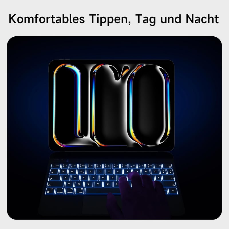HOU Magic Keyboard iPad Pro 11 M4 2024 - Bluetooth billentyűzet érintőpaddal, 7 színű háttérvilágítással, német QWERTZ kiosztással, fehér
