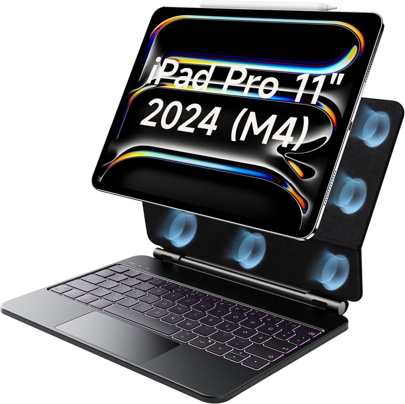 HOU Magic Keyboard iPad Pro 11 M4 2024 - Bluetooth billentyűzet érintőpaddal, 7 színű háttérvilágítással, német QWERTZ kiosztással, fekete