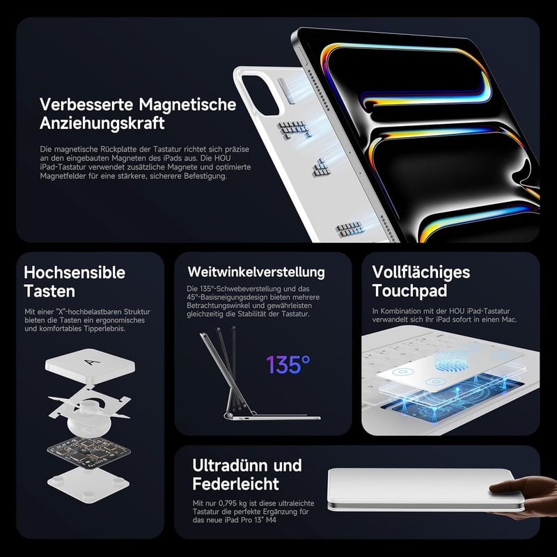HOU Magic Keyboard iPad Pro 13 (M4) Tokkal - QWERTZ Billentyűzet, Bárhol Kattintható Trackpaddel, 7 Színű Háttérvilágítás, Mágneses Dizájn, 