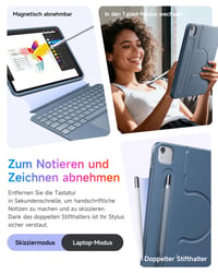 HOU otočné puzdro s klávesnicou pre iPad Air 11" (M3/M2) 2025 a Pro 11, odnímateľný magnetický kryt s touchpadom, klávesnica QWERTZ, modré 4