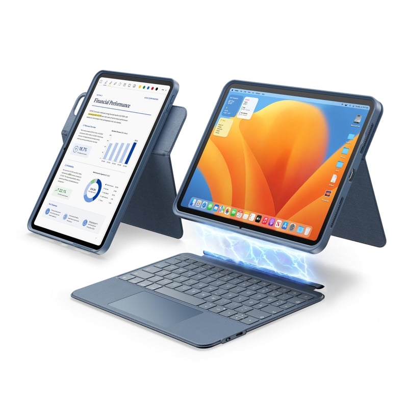 HOU otočné puzdro s klávesnicou pre iPad Air 11" (M3/M2) 2025 a Pro 11, odnímateľný magnetický kryt s touchpadom, klávesnica QWERTZ, modré
