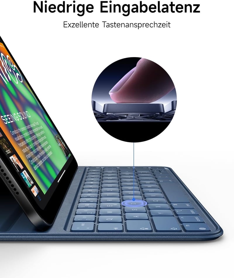 HOU Slim Bluetooth Billentyűzet Tok iPad 11. és 10. Generációhoz - Újratölthető QWERTZ Billentyűzet Kék Műbőr Borítással