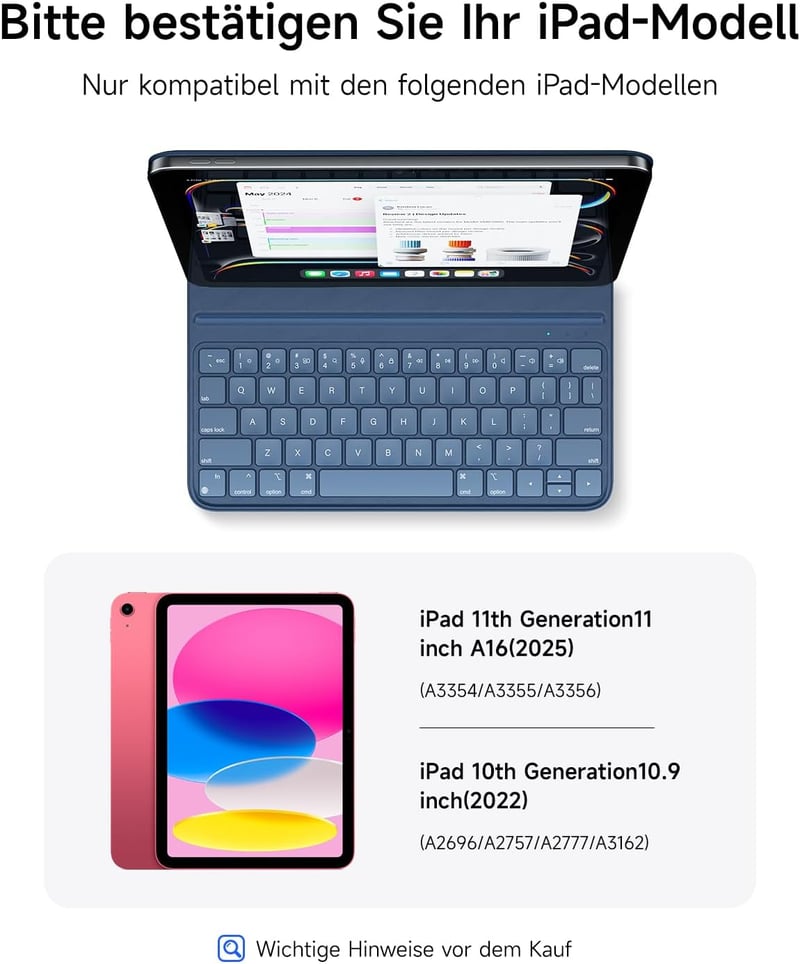 HOU Slim Bluetooth Billentyűzet Tok iPad 11. és 10. Generációhoz - Újratölthető QWERTZ Billentyűzet Kék Műbőr Borítással