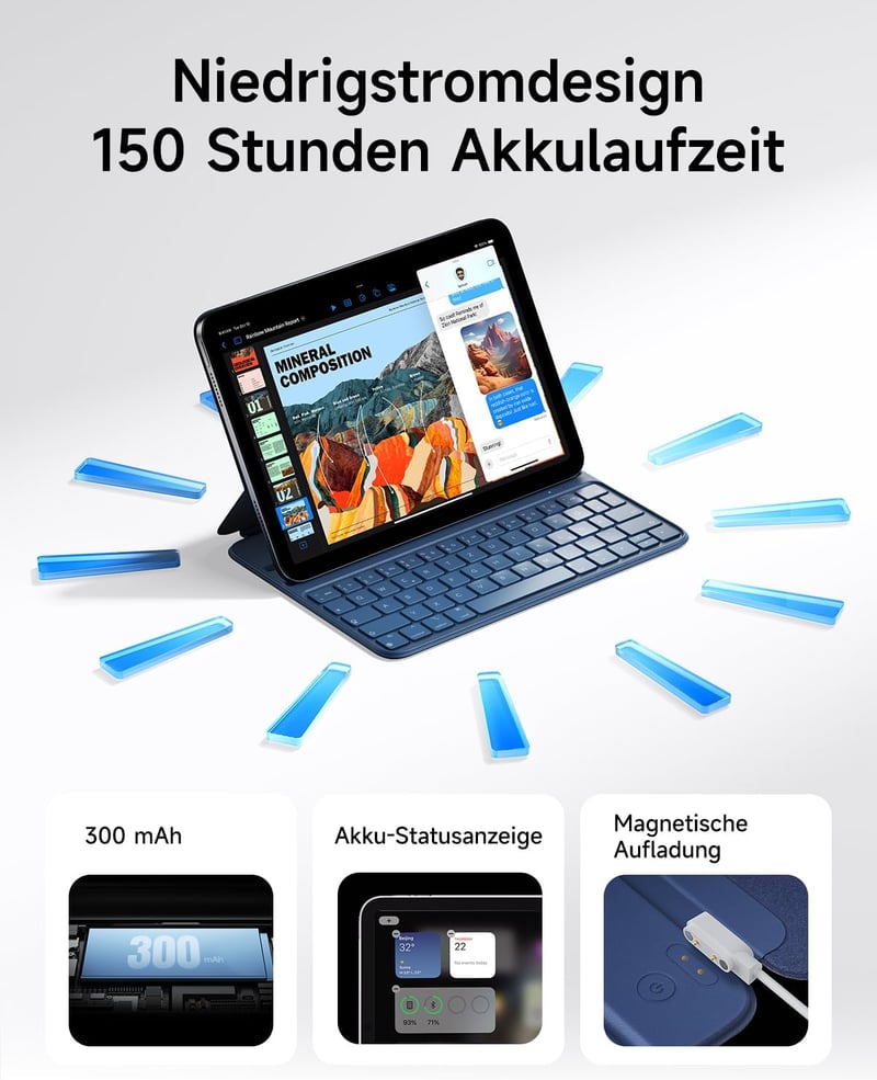 HOU Slim Bluetooth Billentyűzet Tok iPad 11. és 10. Generációhoz - Újratölthető QWERTZ Billentyűzet Kék Műbőr Borítással