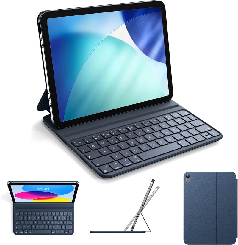 HOU Slim Bluetooth billentyuzetes tok iPad 11. gen 2025 (A16) és iPad 10. gen 2022 QWERTZ kék, tölthető iPaden, műbőr, ergonómikus tartó