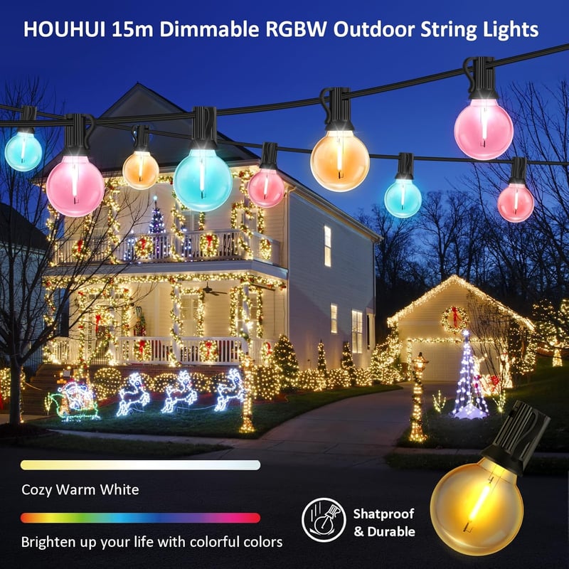 HOUHUI 15m RGBW LED Kültéri Fényfüzér Távirányítóval, G40 Színváltó Dekorációs Lámpa
