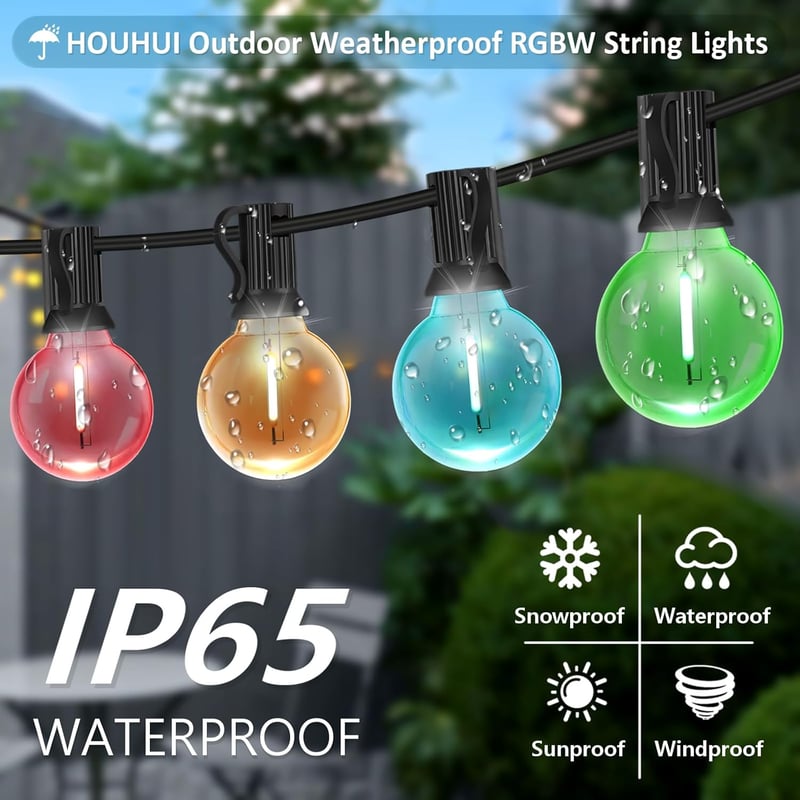 HOUHUI 15m RGBW LED Kültéri Fényfüzér Távirányítóval, G40 Színváltó Dekorációs Lámpa
