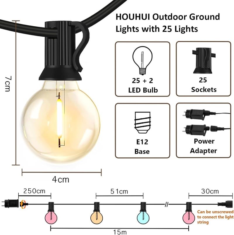 HOUHUI 15m RGBW LED Kültéri Fényfüzér Távirányítóval, G40 Színváltó Dekorációs Lámpa