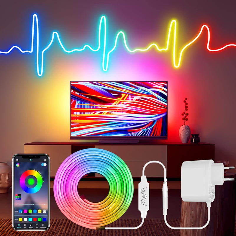 HOUHUI 5m RGB LED neon szalag távirányítóval, IP67 vízálló, zenevetítés, DIY
