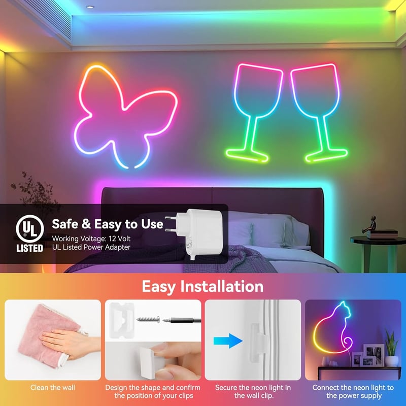 HOUHUI 5m RGB LED neon szalag távirányítóval, IP67 vízálló, zenevetítés, DIY
