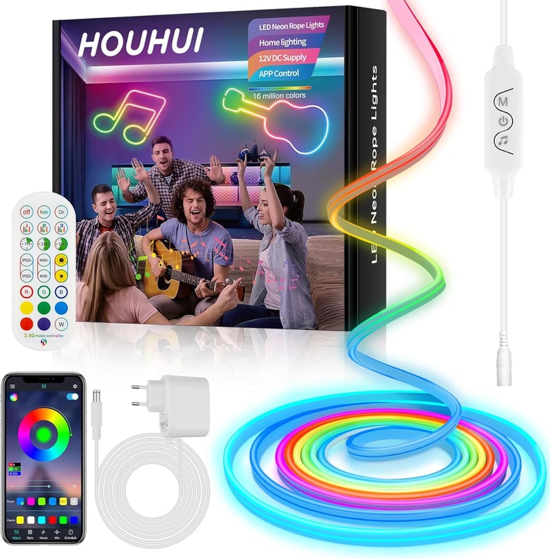 HOUHUI 5m RGB LED neon szalag távirányítóval, IP67 vízálló, zenevetítés, DIY