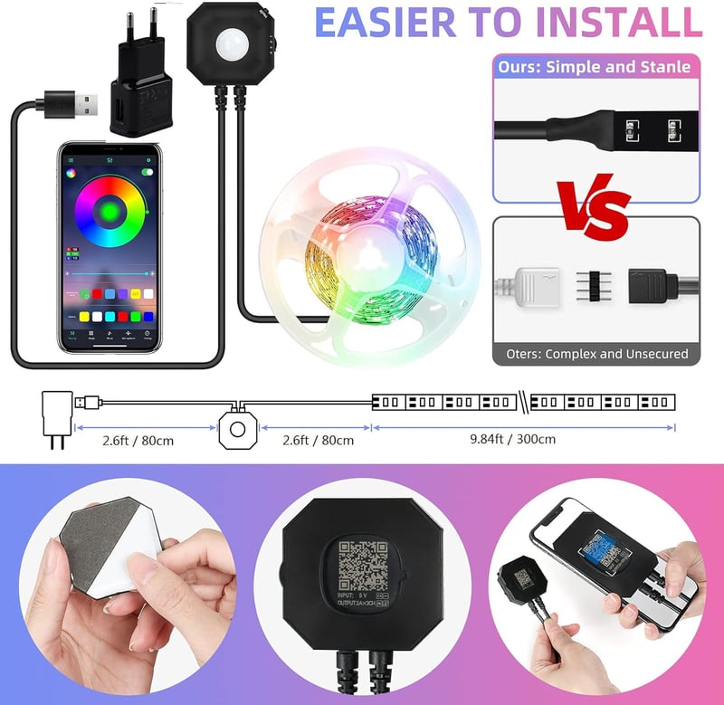 HOUHUI LED szalag mozgásérzékelővel 3m RGB app vezérlés 2db