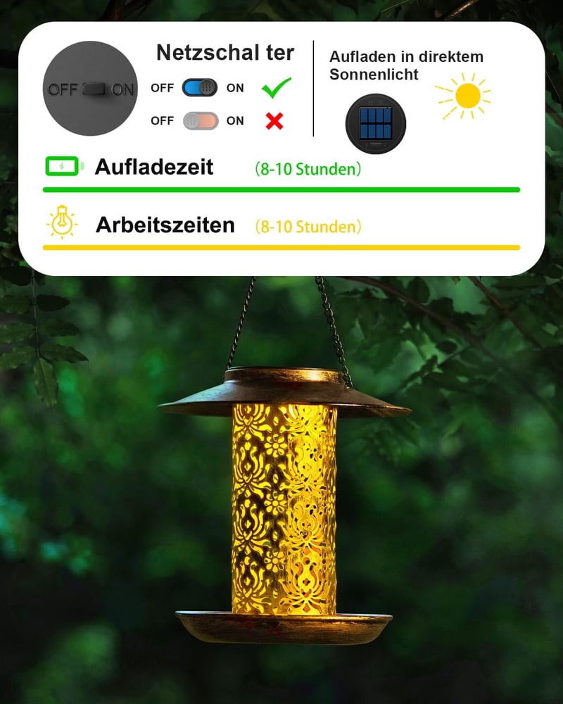 HouseSapp Napelemes Madáretető Fém Függeszthető Kert Balkon Időjárásálló