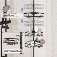 HouseUp Teleszkópos Zuhanysarok Polc - 4 Szintes Állítható Magasságú (86-298 cm) Fürdőszobai Állvány, Fúrás Nélkül, Rozsdamentes Acél, Feket 4