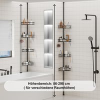 HouseUp Teleszkópos Zuhanysarok Polc - 4 Szintes Állítható Magasságú (86-298 cm) Fürdőszobai Állvány, Fúrás Nélkül, Rozsdamentes Acél, Feket 5