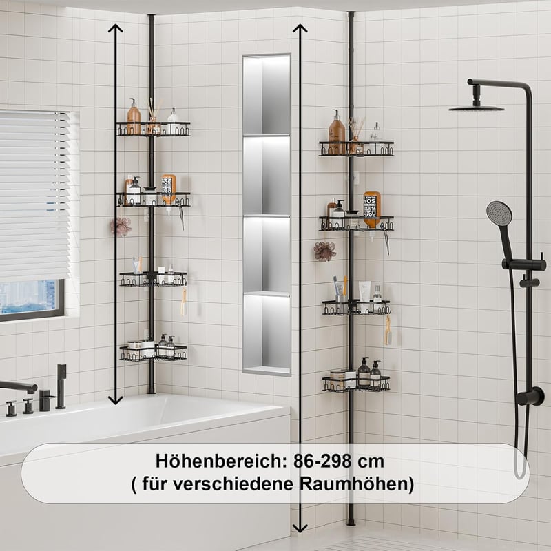HouseUp Teleszkópos Zuhanysarok Polc - 4 Szintes Állítható Magasságú (86-298 cm) Fürdőszobai Állvány, Fúrás Nélkül, Rozsdamentes Acél, Feket