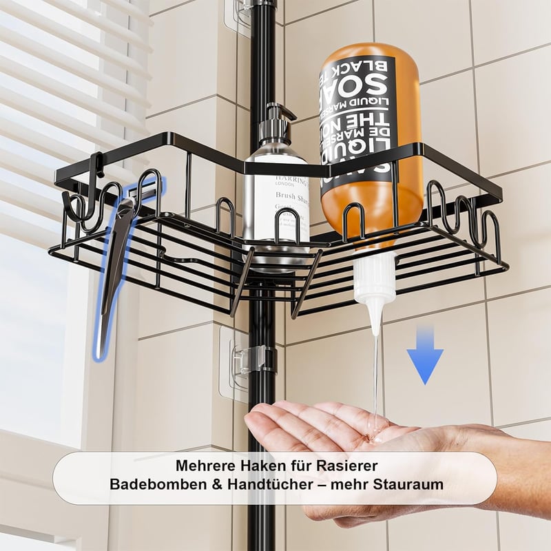 HouseUp Teleszkópos Zuhanysarok Polc - 4 Szintes Állítható Magasságú (86-298 cm) Fürdőszobai Állvány, Fúrás Nélkül, Rozsdamentes Acél, Feket