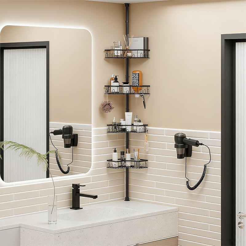 HouseUp Teleszkópos Zuhanysarok Polc - 4 Szintes Állítható Magasságú (86-298 cm) Fürdőszobai Állvány, Fúrás Nélkül, Rozsdamentes Acél, Feket