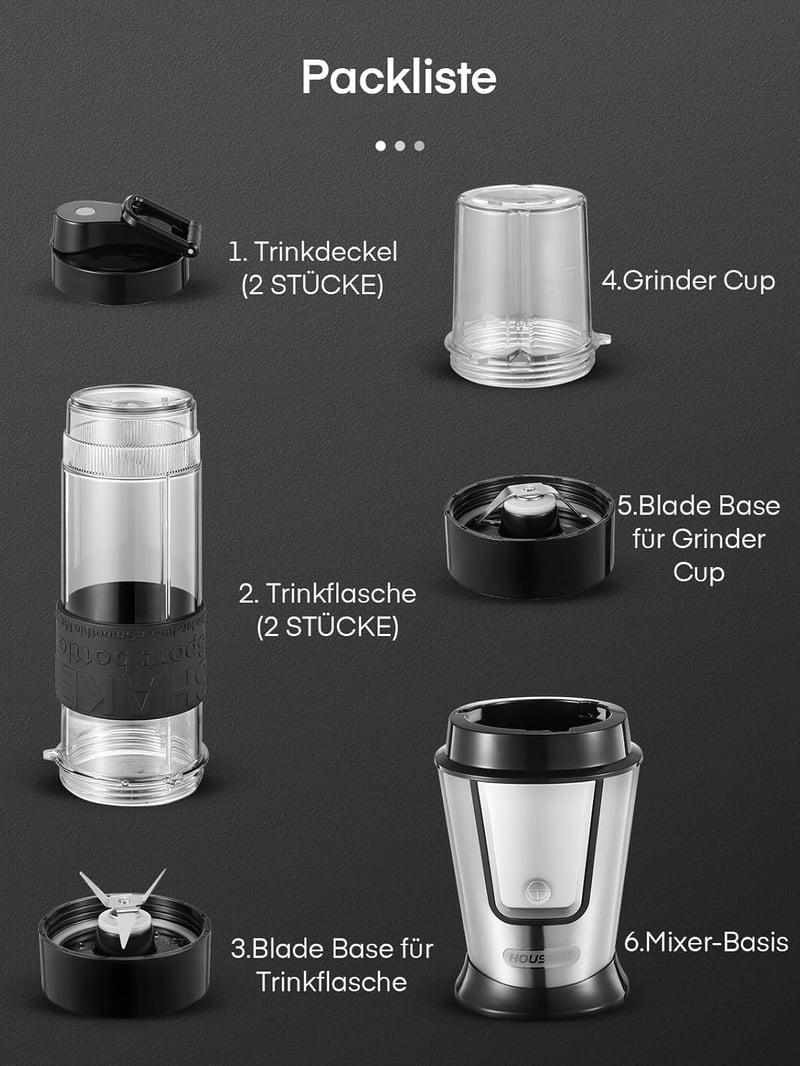 HOUSNAT 500W Smoothie Maker Kávéőrlő Blender 2 Sportpalackkal BPA-mentes