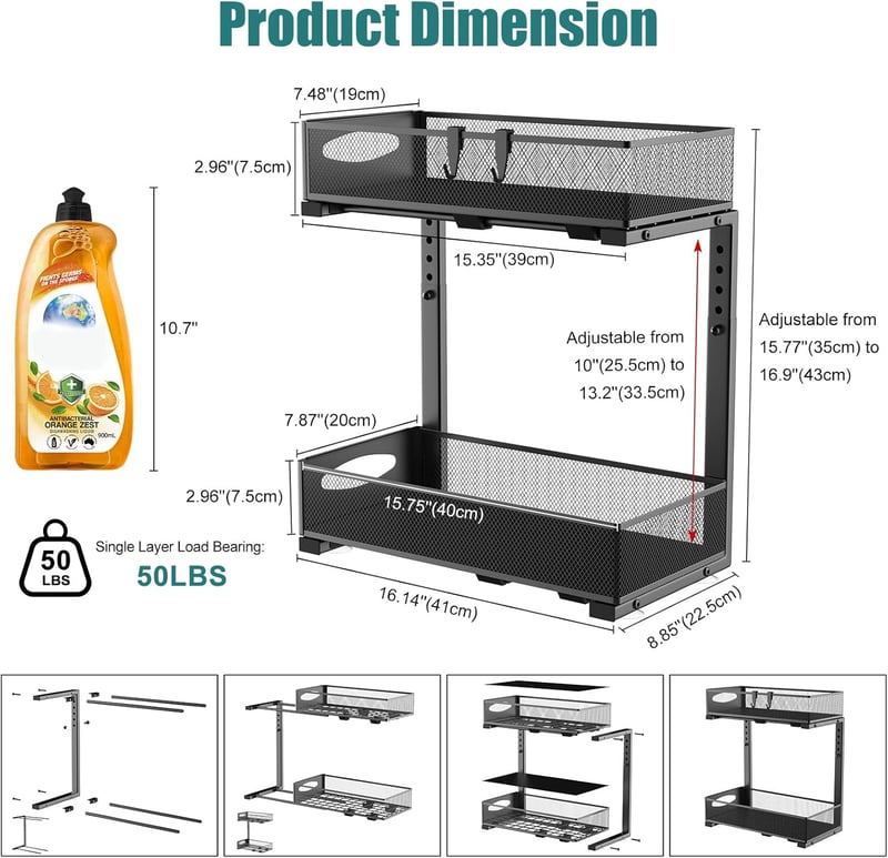 Housolution 2 szintes mosogató alatti tárolórendszer csúsztatható fiókokkal, magasságállítható, fekete, 2 darab - 1 Stück, Mittel-22cm Breit, Black