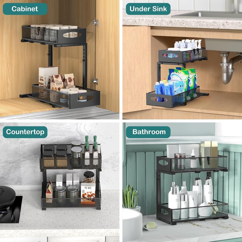 Housolution 2 szintes mosogató alatti tárolórendszer csúsztatható fiókokkal, magasságállítható, fekete, 2 darab - 1 Stück, Mittel-22cm Breit, Black