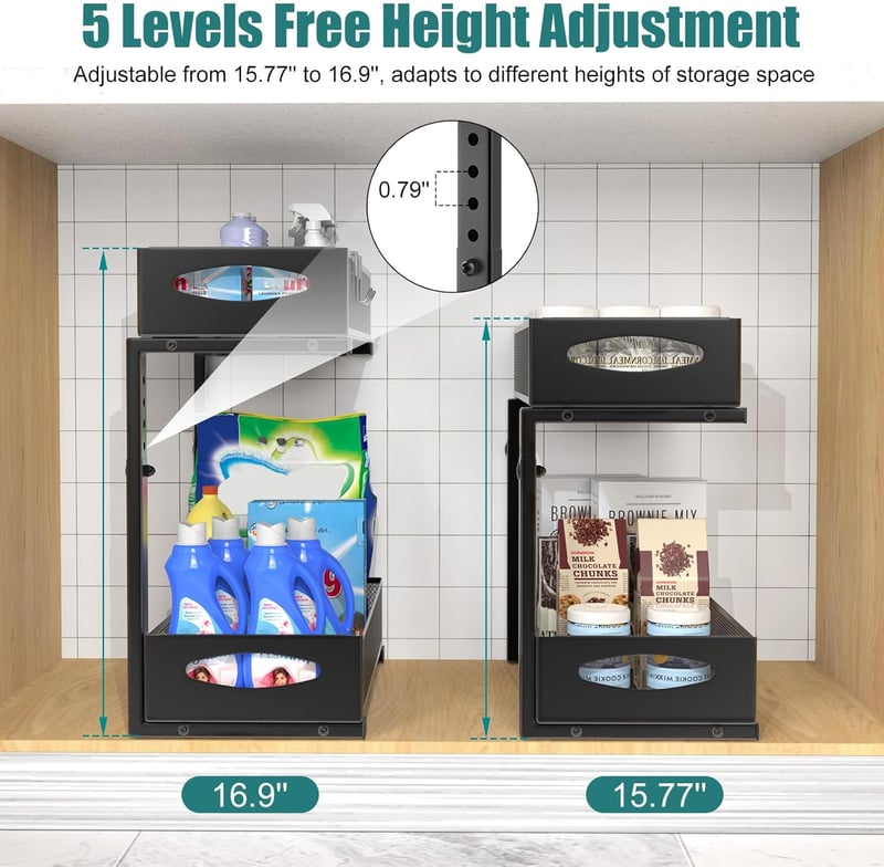 Housolution 2 szintes mosogató alatti tárolórendszer csúsztatható fiókokkal, magasságállítható, fekete, 2 darab - 1 Stück, Mittel-22cm Breit, Black