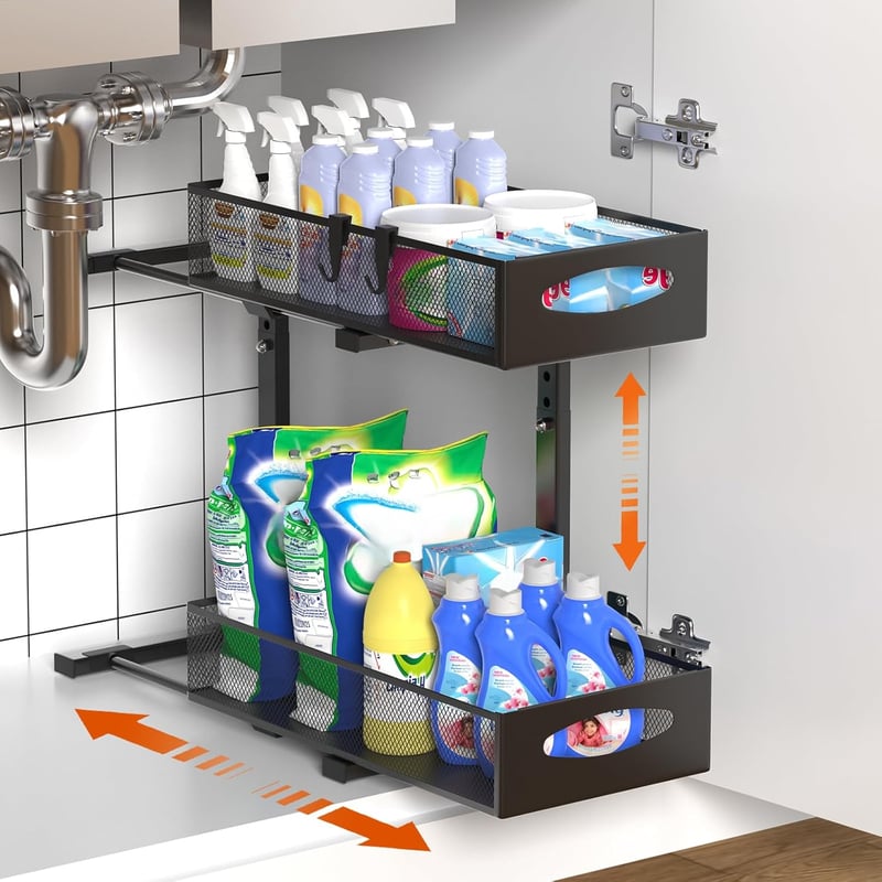 Housolution 2 szintes mosogató alatti tárolórendszer csúsztatható fiókokkal, magasságállítható, fekete, 2 darab - 1 Stück, Mittel-22cm Breit, Black