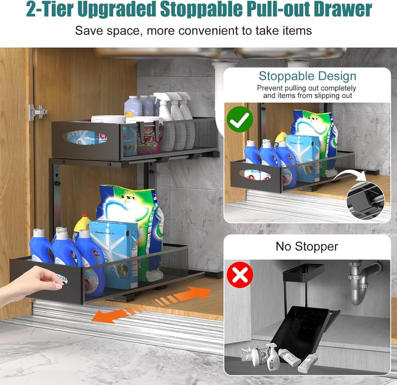 Housolution 2 szintes mosogató alatti tárolórendszer csúsztatható fiókokkal, magasságállítható, fekete, 2 darab - 1 Stück, Mittel-22cm Breit, Black