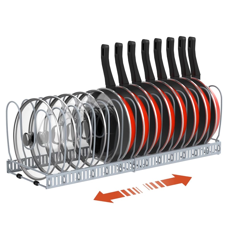 Housolution Podesivi Organizator za Posuđe za Ladicu - 14 Pregrada, Sivi Spremnik za Poklopce, Tave u Kuhinji, Proširivo 30-58 cm, Protuklizno