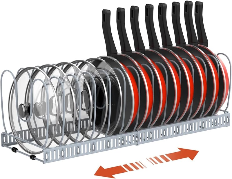 Housolution Állítható Edénytartó Fiókba - 14 Osztóval, Szürke Edényrendező Konyhai Fedőkhöz, Serpenyőkhöz, Bővíthető 30-58 cm, Csúszásgátló
