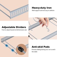 Housolution Állítható Edénytartó Fiókba - 14 Osztóval, Szürke Edényrendező Konyhai Fedőkhöz, Serpenyőkhöz, Bővíthető 30-58 cm, Csúszásgátló 3