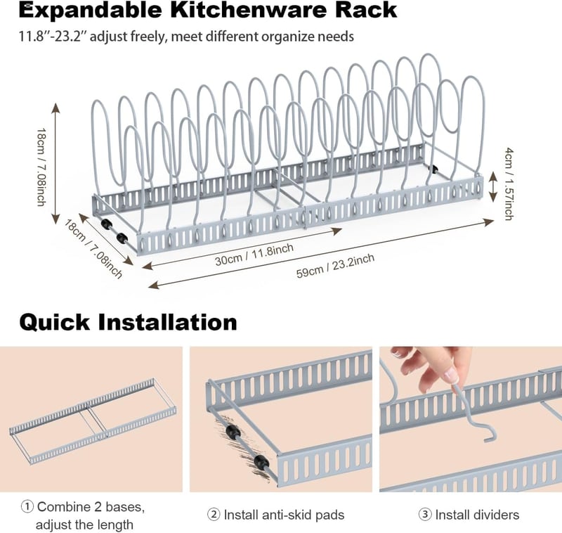 Housolution Állítható Edénytartó Fiókba - 14 Osztóval, Szürke Edényrendező Konyhai Fedőkhöz, Serpenyőkhöz, Bővíthető 30-58 cm, Csúszásgátló