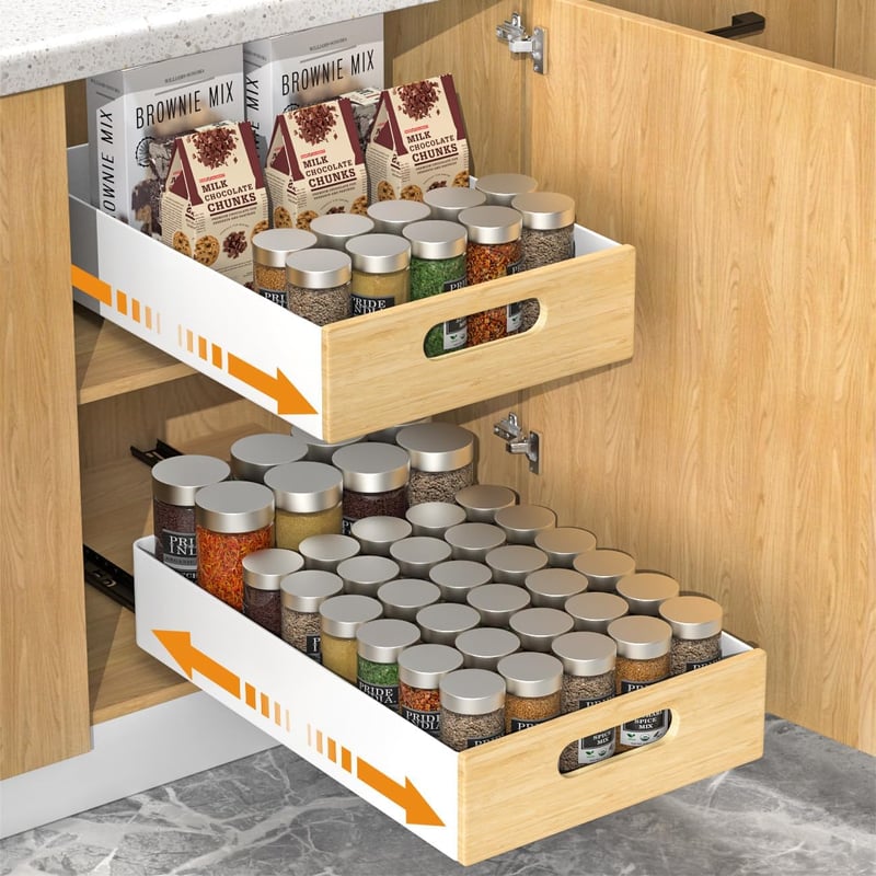 Housolution Kihúzható Fiók Konyhaszekrényhez - Teleszkópos Szekrényrendező Konyhai Eszközökhöz, Fa Színű Szénacél Keret, 41x25,5x11,5 cm
