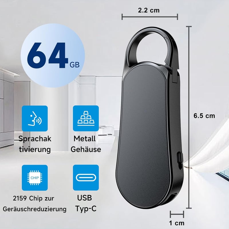 Howabo 64GB Mini Diktafon Kulcstartó Dizájn - 35 Óra Felvételi Idő, Fém Ház, Hi-Fi Hang, Interjú Meetinghez