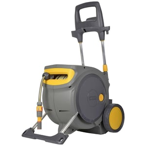 Cărucior cu tambur automat Hozelock Pro cu furtun de grădină de 35 m, pistol de stropit 3 în 1 și set de conectori, cu sistem de înfășurare automată