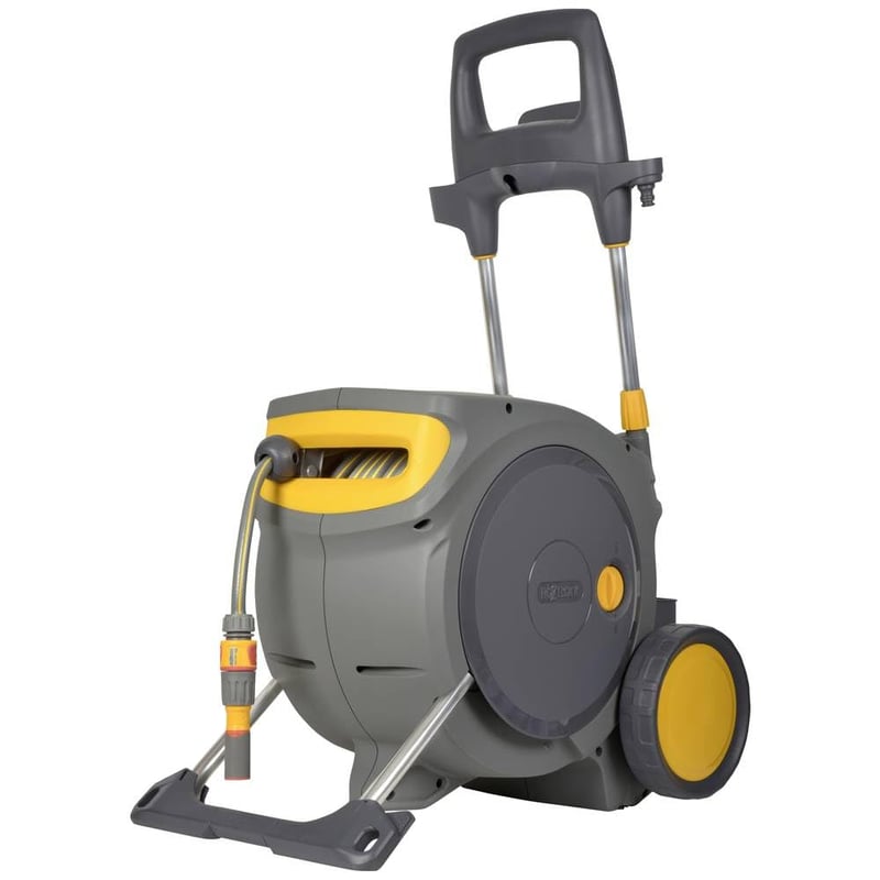 Vozík na hadicu Hozelock Pro s automatickým navíjaním – s 35 m záhradnou hadicou, tryskou 3 v 1 a súpravou konektorov, automatické navíjanie