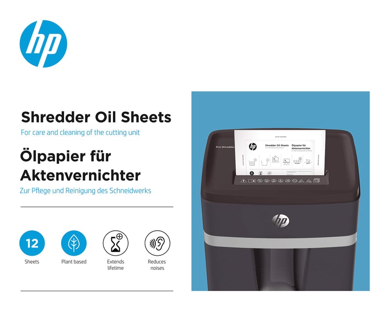 Olejový papier pre skartovačky HP 9133, 12 listov, rastlinný základ, na údržbu skartovačiek, 120 ml
