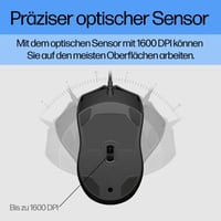 Káblová optická myš HP 100 USB – 1600 DPI, 3 tlačidlá, obojručný ergonomický dizajn, Plug & Play, kompatibilná s PC a notebookom, čierna 4