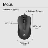 Káblová optická myš HP 100 USB – 1600 DPI, 3 tlačidlá, obojručný ergonomický dizajn, Plug & Play, kompatibilná s PC a notebookom, čierna 7