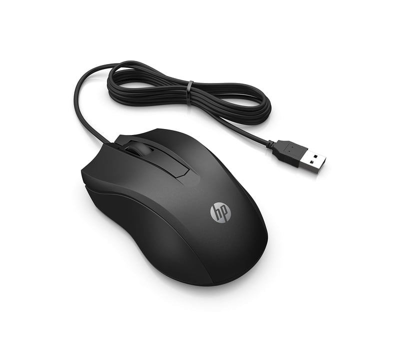 Káblová optická myš HP 100 USB – 1600 DPI, 3 tlačidlá, obojručný ergonomický dizajn, Plug & Play, kompatibilná s PC a notebookom, čierna
