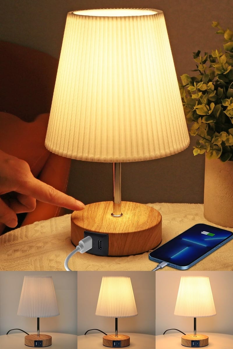 HSLighting Dotyková stmievateľná stolová lampa s USB A+C nabíjaním, 2 LED žiarovkami a látkovým tienidlom, vhodná na nočný stolík aj pracovný stôl